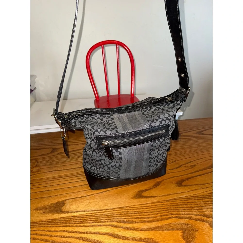 Coach Signature Stripe Crossbody‎ Bag Black Grey Canvas Leather Tassel